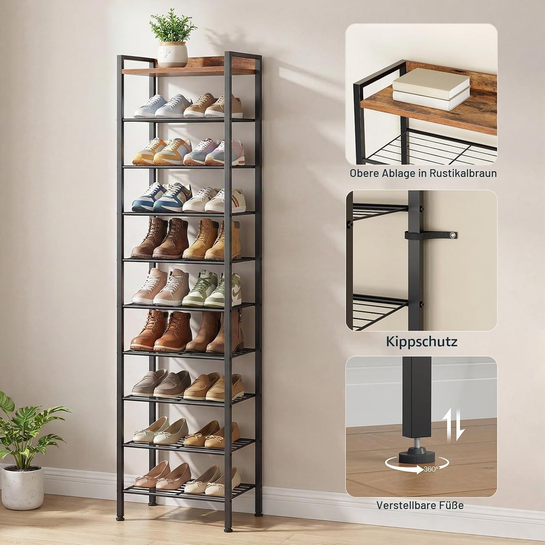 HOOBRO Schuhregal mit 10 Ablagen, schmale Schuhablage, Schuhschrank, Schuhorganizer mit herausnehmba