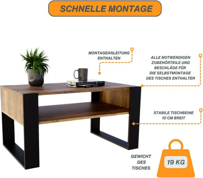 CraftPAK Wohnzimmer Tisch für Couch aus hochwertigem Holzwerkstoff, moderner Couchtisch mit zusätzli