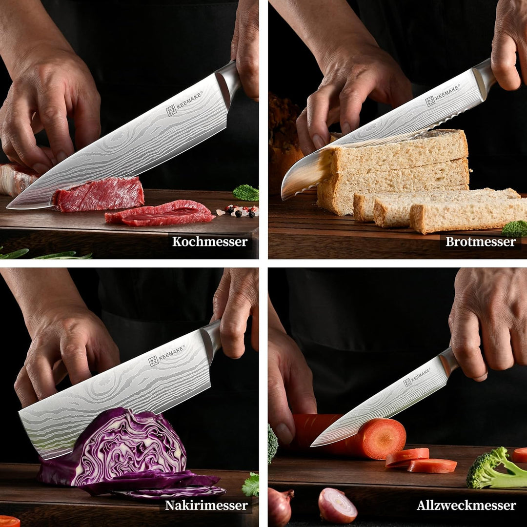 KEEMAKE Küchenmesser Set 7 teilig, Messerset aus Edelstahl mit Profi Brotmesser Kochmesser Santoku M