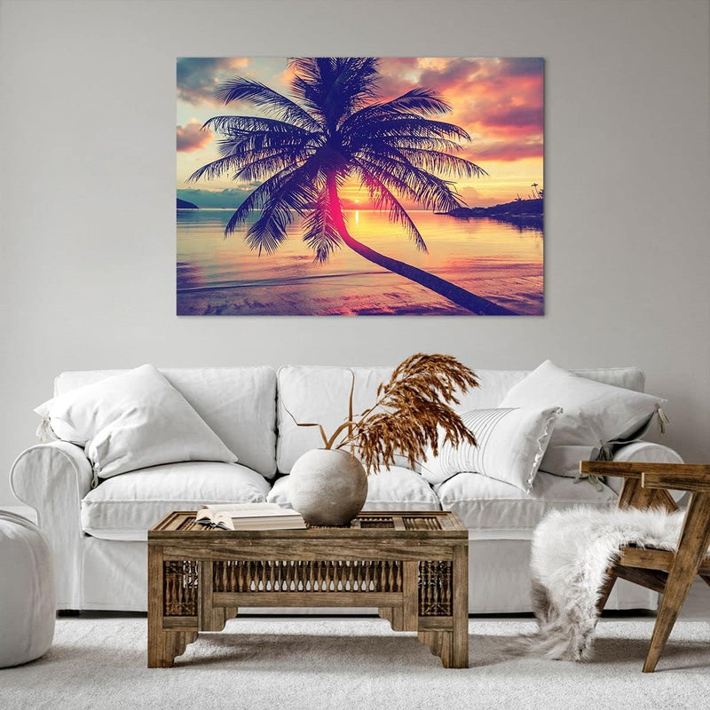 Bilder auf Leinwand 100x70cm Leinwandbild mit Rahmen Meer Strand Palme Gross Wanddeko Bild Schlafzim