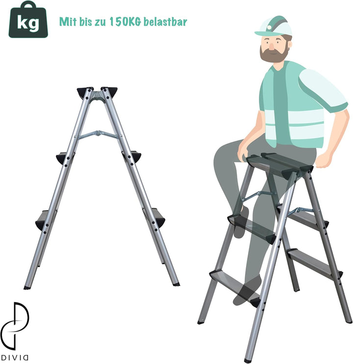 DIVID® Aluminum Klappleiter 2x3, 2x4 oder 2x5 Stufen | Trittleiter | Klappleiter | Mehrzweckleiter |