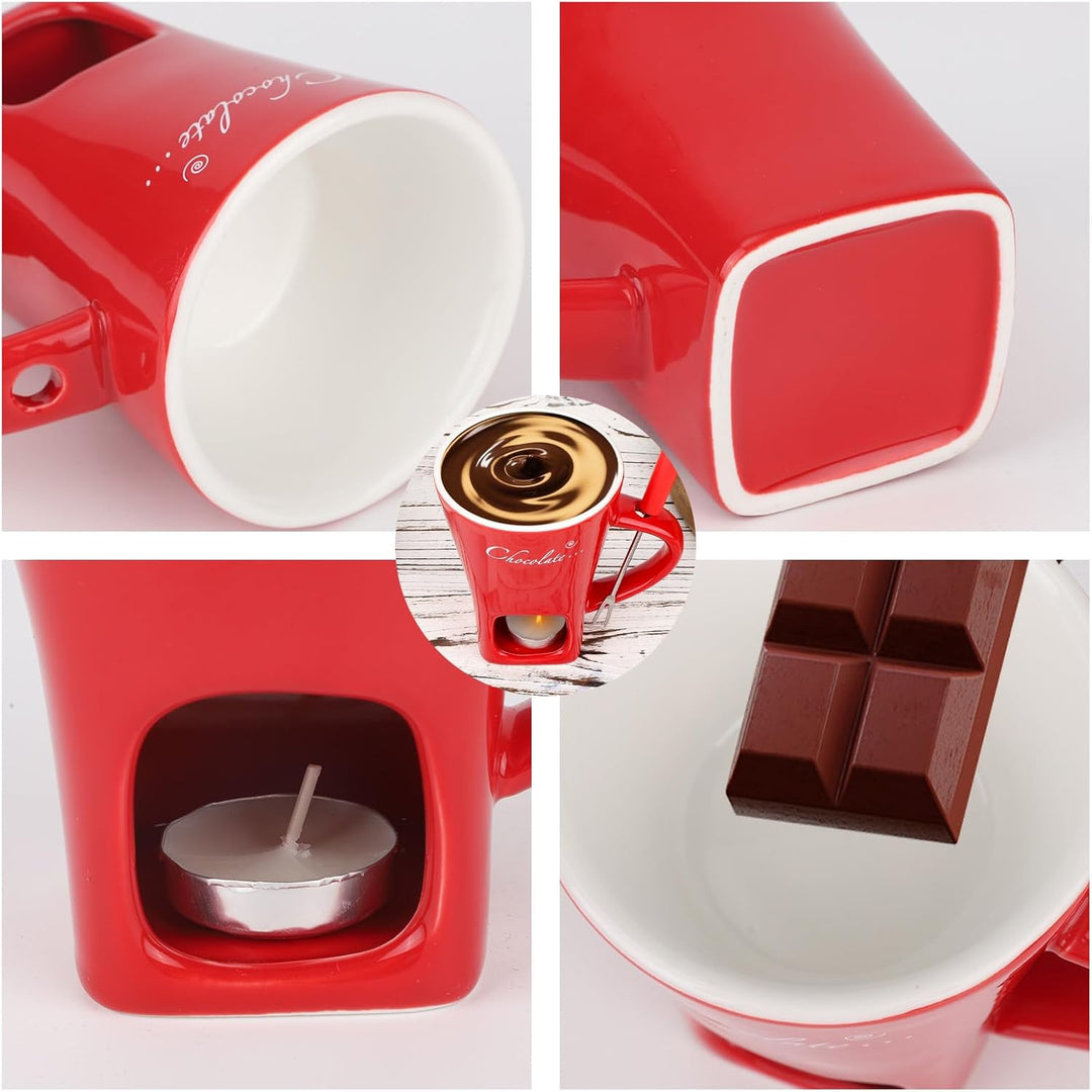 Schokoladenfondue-Becher-Set, Keramik Mini Fonduetopf mit Gabel und Kerzenwärmer Schokoladenschmelzb