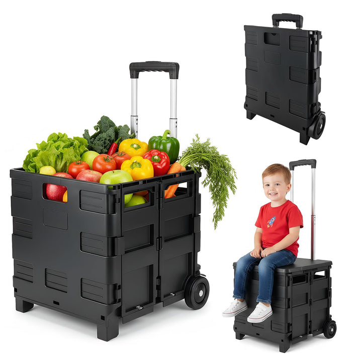 Faltbarer Einkaufstrolley mit Deckel,45 L Volumen, 2 Rollen &amp; höhenverstellbarer Griff, Klappbox mit