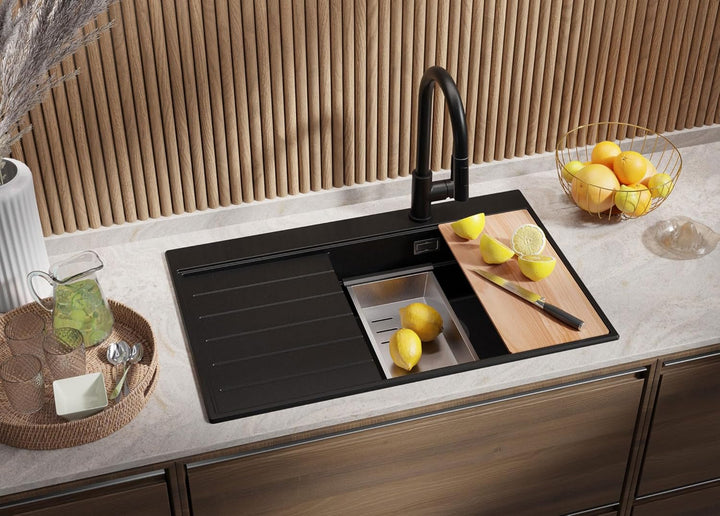 Granitspüle Schwarz 78x50cm, Spülbecken 1 Becken + Ablauf-Set + Küchenarmatur, Küchenspüle ab 60er U