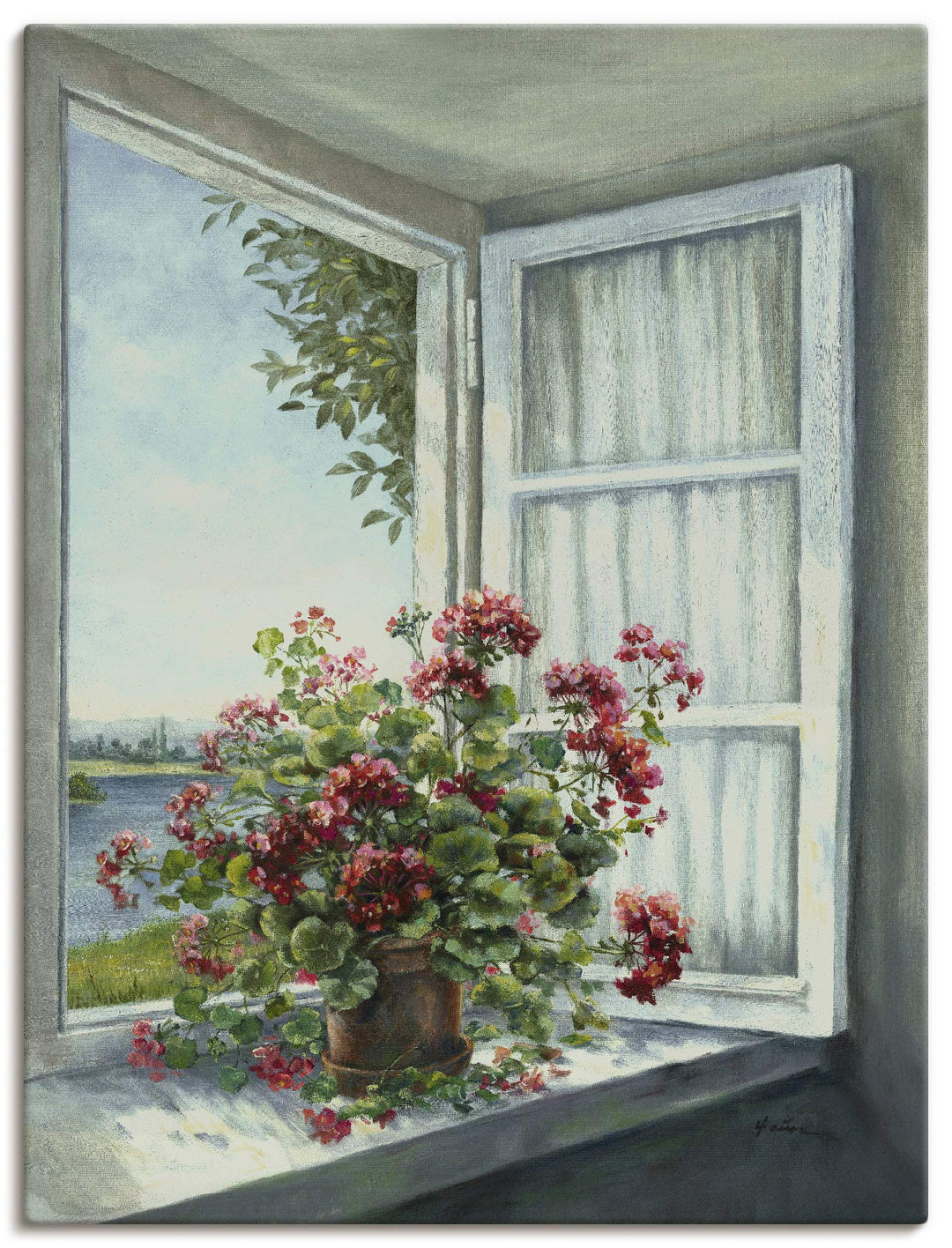 Artland Leinwandbild Wandbild Bild auf Leinwand 45x60 cm Wanddeko Fensterblick Fenster Blumen Botani