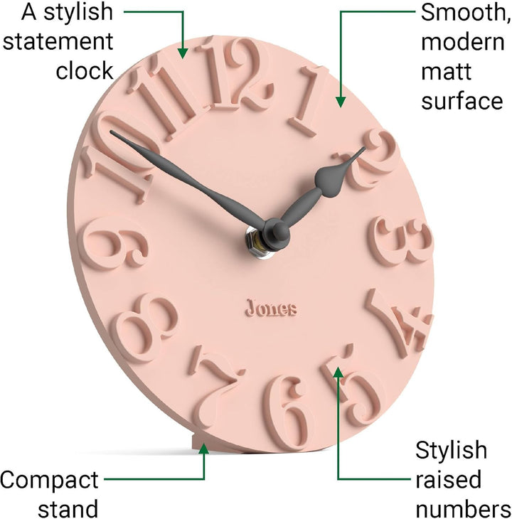 JONES CLOCKS® Hampstead Schreibtisch Uhr | Freistehend | Rosa | Elegante, erhabene Ziffern | Ideal f