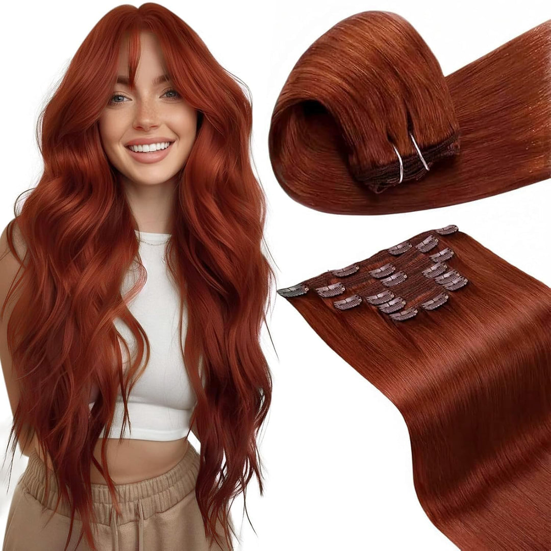LaaVoo Clip in Extensions Echthaar Auburn Braun Remy Extensions Clips in Echthaar Doppelt Tressen Ro