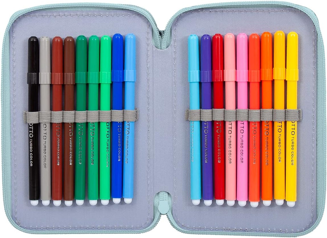 L'ERBAVOGLIO Federmäppchen für die Schule, mit 3 Reissverschlüssen, original, komplett mit 44 Teilen