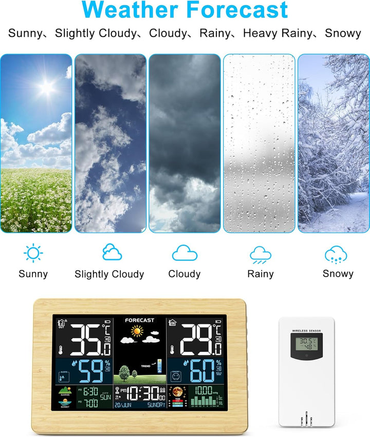 Wetterstation Funk mit Aussensensor, Farbdisplay, Wettervorhersage, Temperatur, Luftfeuchtigkeit, We
