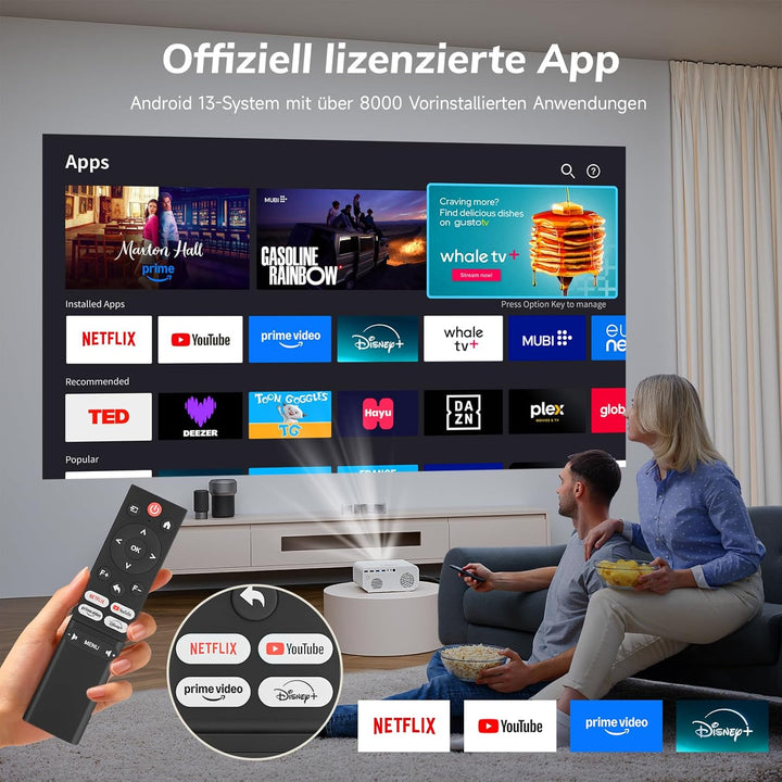 Smart Beamer 4K【Offiziell lizenzierte App】 Autofokus & Auto Keystone Mini Projektor,WiFi6 Bluetooth5