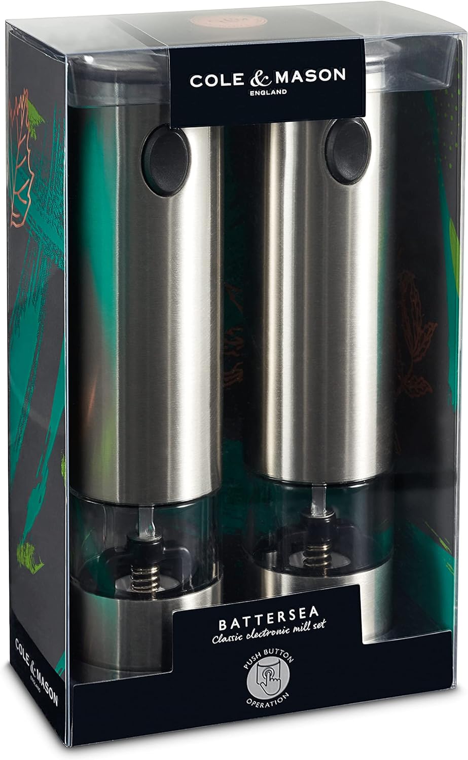 Cole & Mason H3004480 Battersea Elektrische Pfeffermühle / Salzmühle, 2er Set , Edelstahl / Acryl, 2