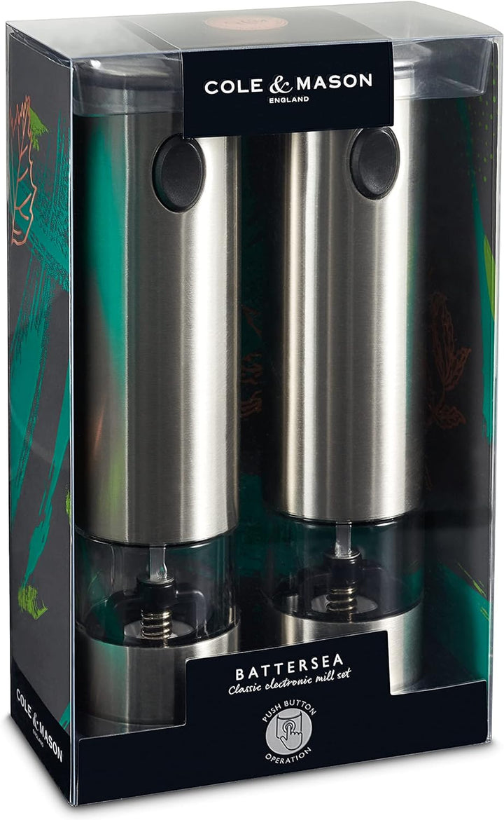 Cole & Mason H3004480 Battersea Elektrische Pfeffermühle / Salzmühle, 2er Set , Edelstahl / Acryl, 2
