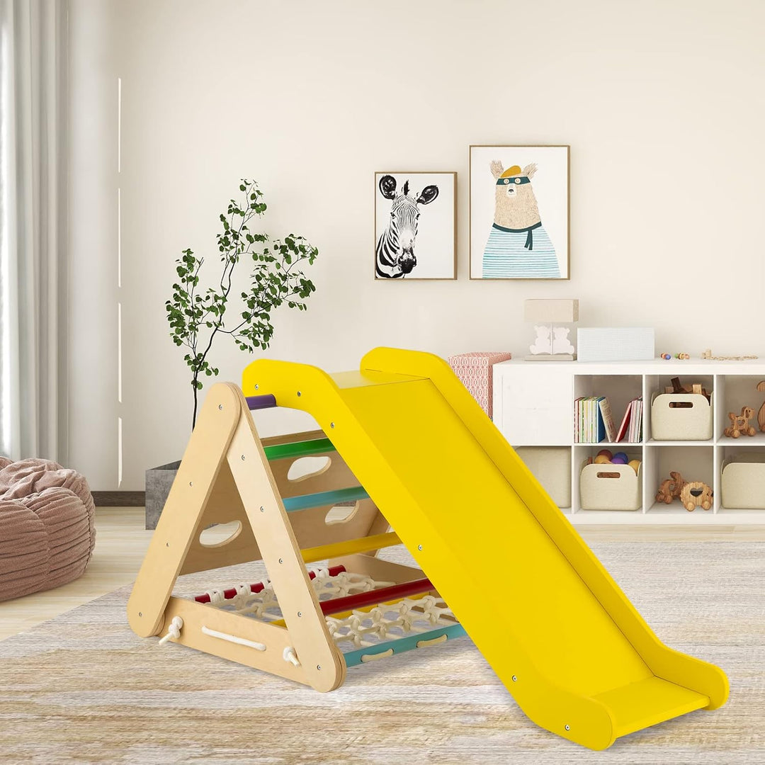 DREAMADE 4 IN 1 Kletterdreieck mit Rutsche und Kletternetz, Holzdreieck Kletterspielzeug aus Holz, I
