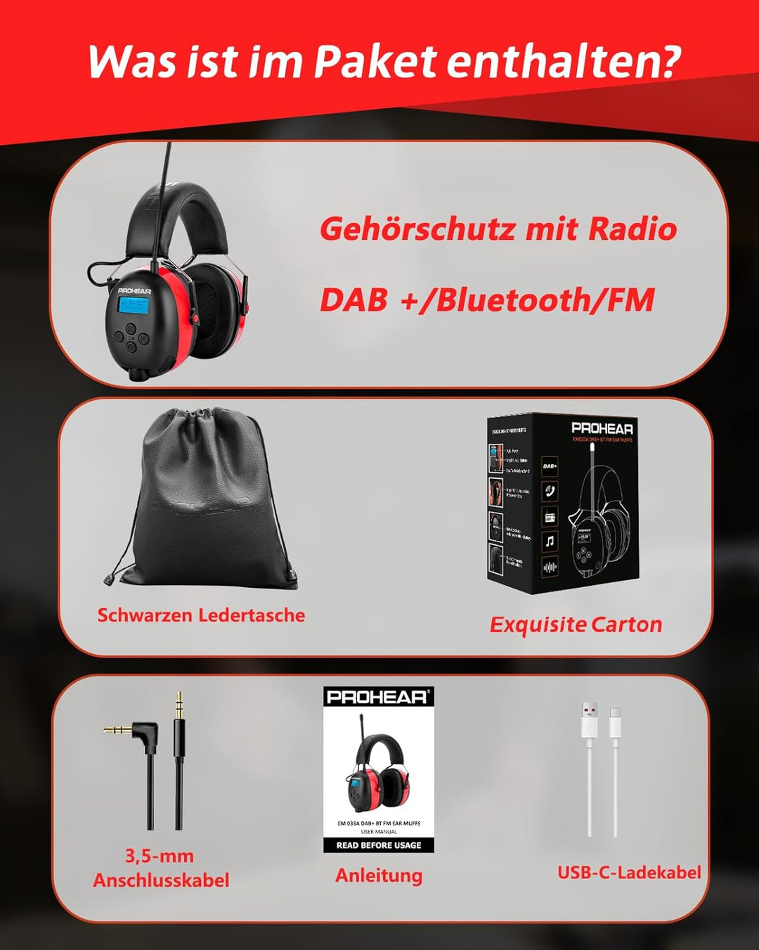 PROHEAR 033A (Upgraded) Gehörschutz mit Radio DAB +/Bluetooth/FM, Kopfhörer mit Radio mit Eingebaute