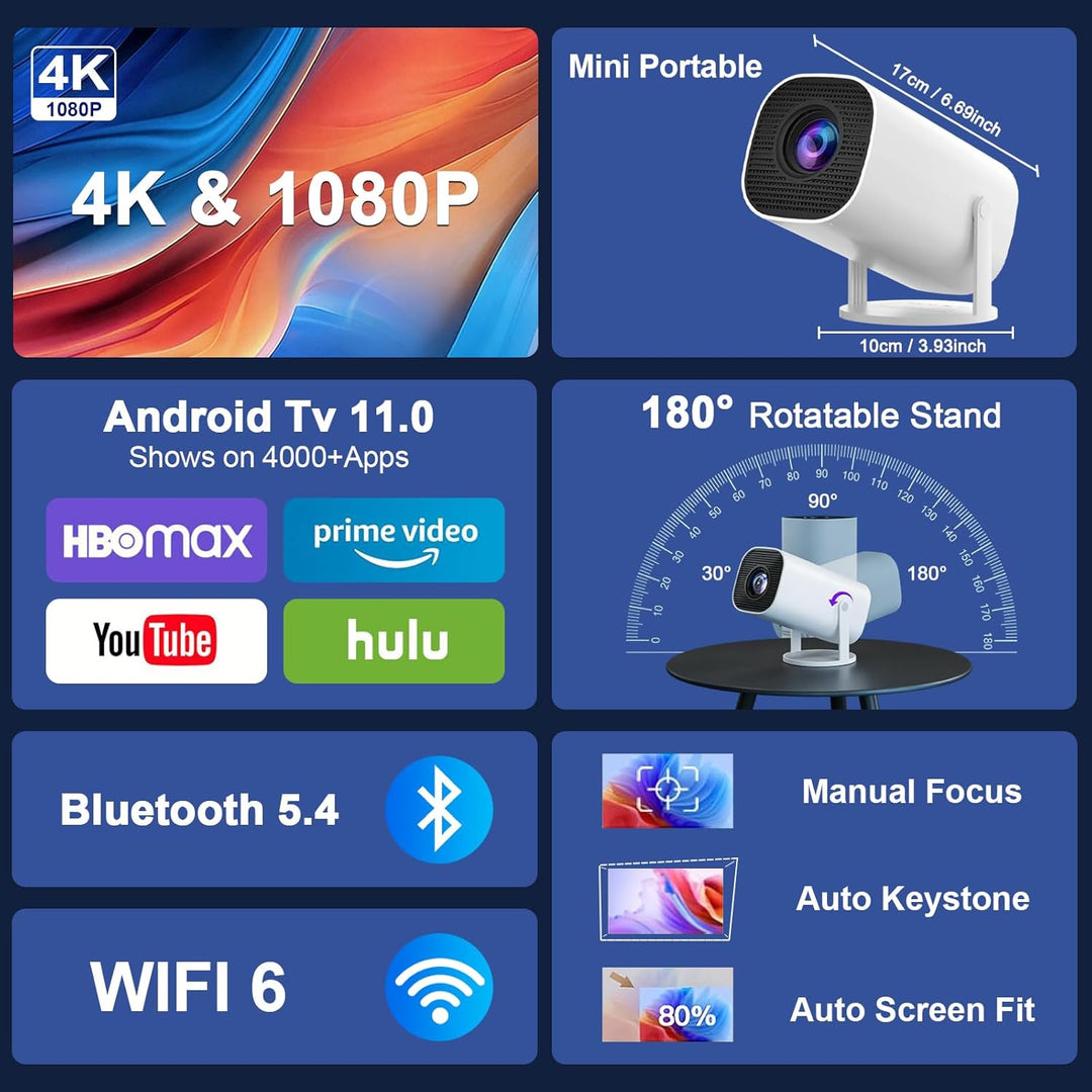 Mini Beamer 4K Full HD 1080P, Tragbarer Projektor mit WiFi 6 und Bluetooth 5.4,Auto-Keystone & Manue