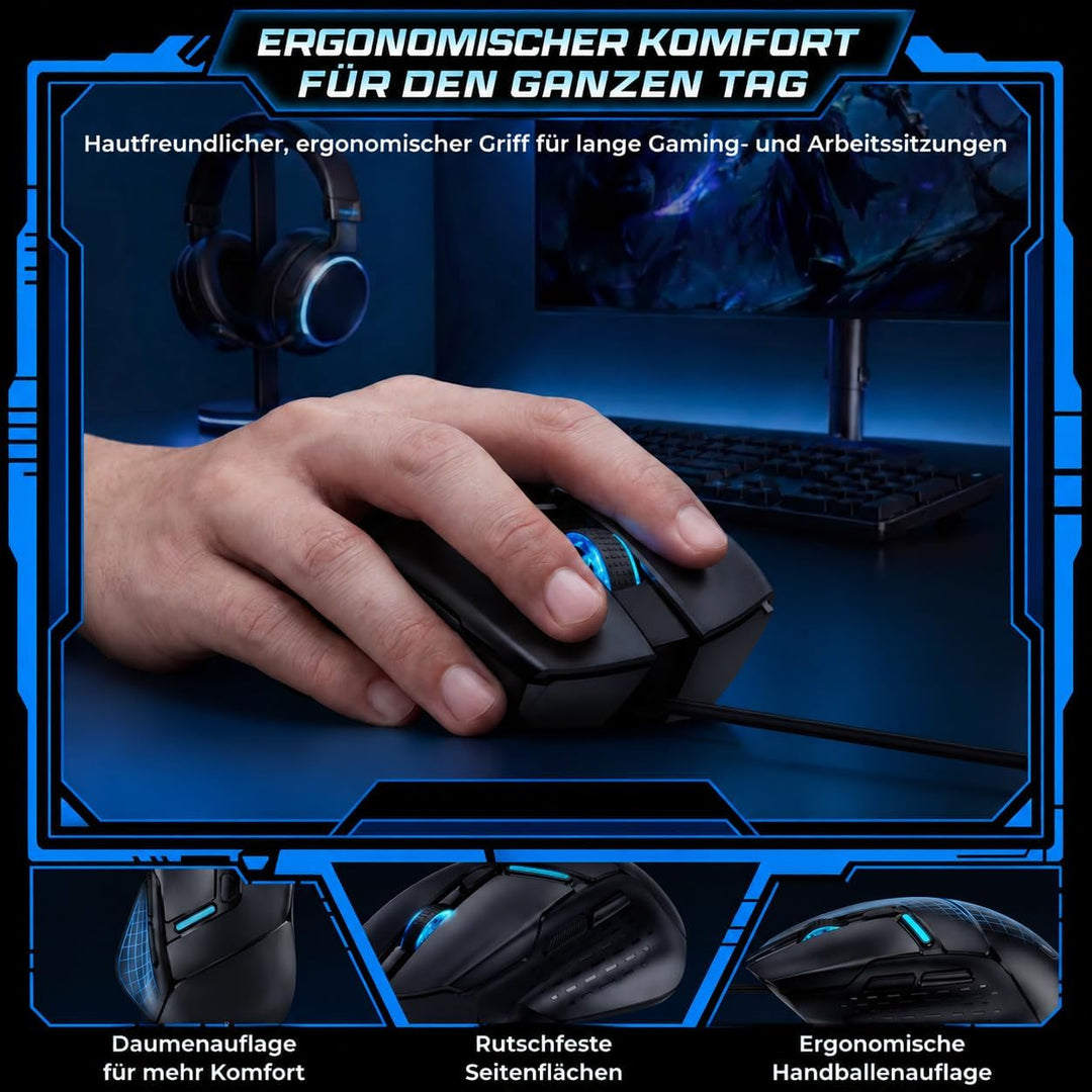 Uineer Kabel-Gaming-Maus, 12800 DPI Maus mit Gaming-Sensor, 6 programmierbare Tasten, 1000 Hz Pollin