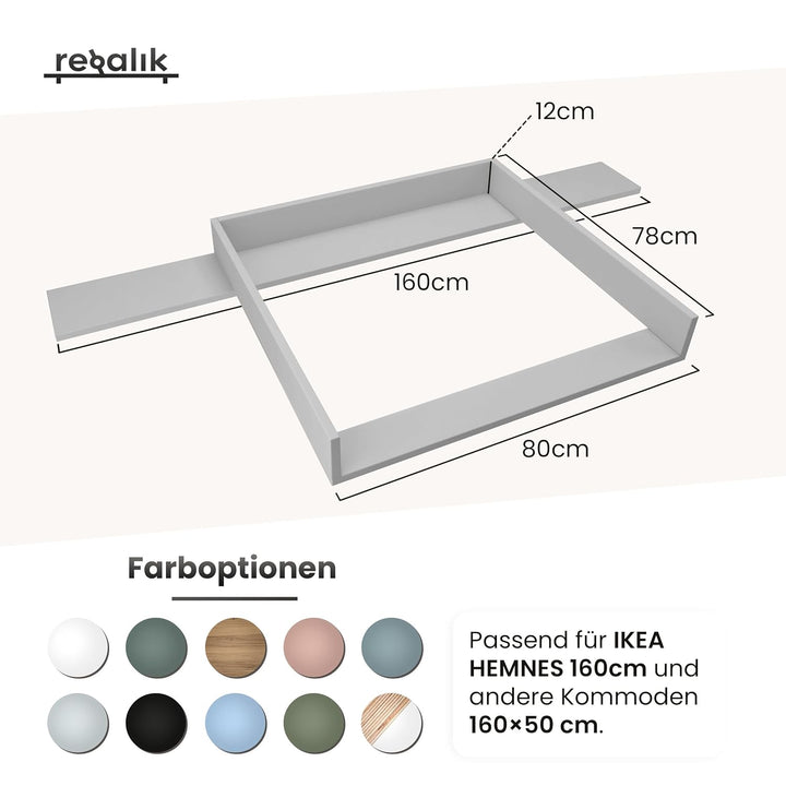 Wickelaufsatz mit Platte für Hemnes von IKEA, Wickeltischaufsatz für 50x160 cm Kommoden, Abnehmbar W