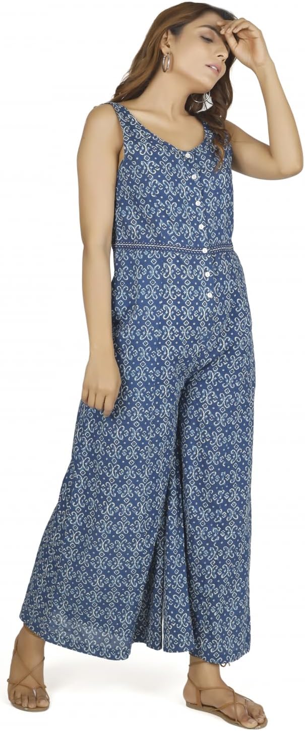 GURU SHOP Sommerliche Latzhose, Ethno Style Oversize Einteiler, Blockdruck Overall, Damen, Baumwolle