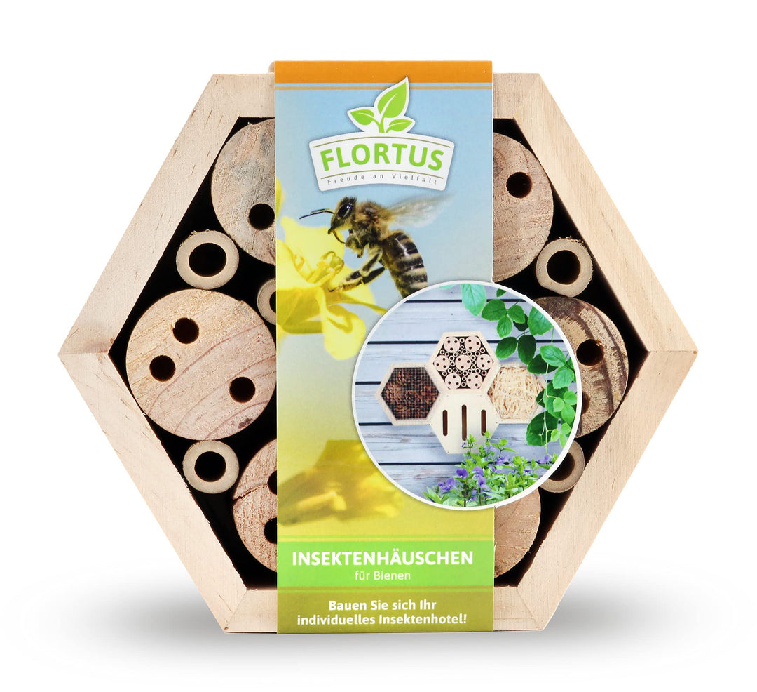 FLORTUS Insektenhotel Bienen | naturbelassenes Bienenhotel 15 x 13 x 6 cm | Wildbienenhotel für den