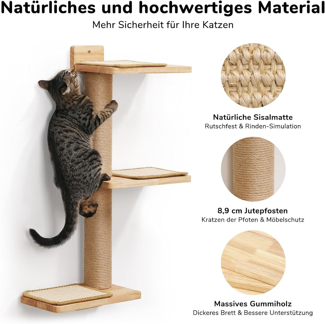 FUKUMARU Kletterwand Katze, Katze Wandregale aus Massives Gummiholz und Jute, 3 in 1 Transformable K