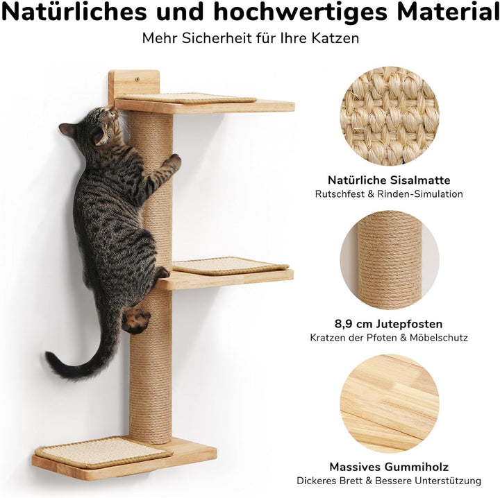FUKUMARU Kletterwand Katze, Katze Wandregale aus Massives Gummiholz und Jute, 3 in 1 Transformable K