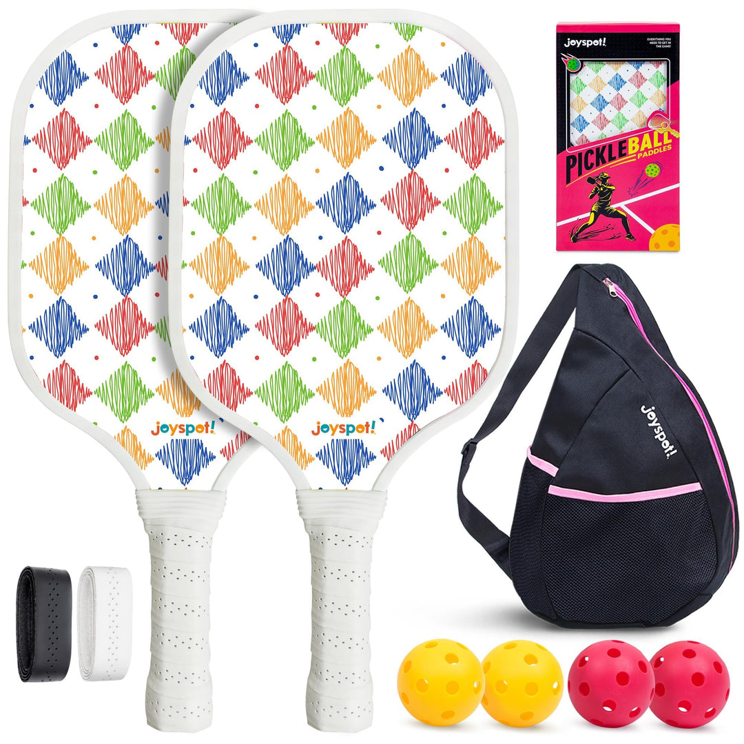 JOY SPOT! Pickleball Schläger 2 Set, Leichter Pickleball Schläger mit Fiberglas-Oberfläche, 4 Bälle