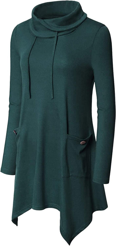Amrto Damen Tunika Tops Turtleneck Langarm Shirts Bluse Hemd Pullover Mit Taschen, #4-dunkelgrün