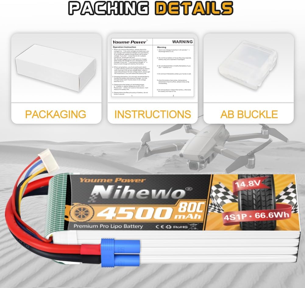 2Packs 4S Lipo Akku, Nihewo RC Akku 14.8V 4500mAh 80C mit EC5 Stecker Kompatibel mit 1/6 1/8 Masssta