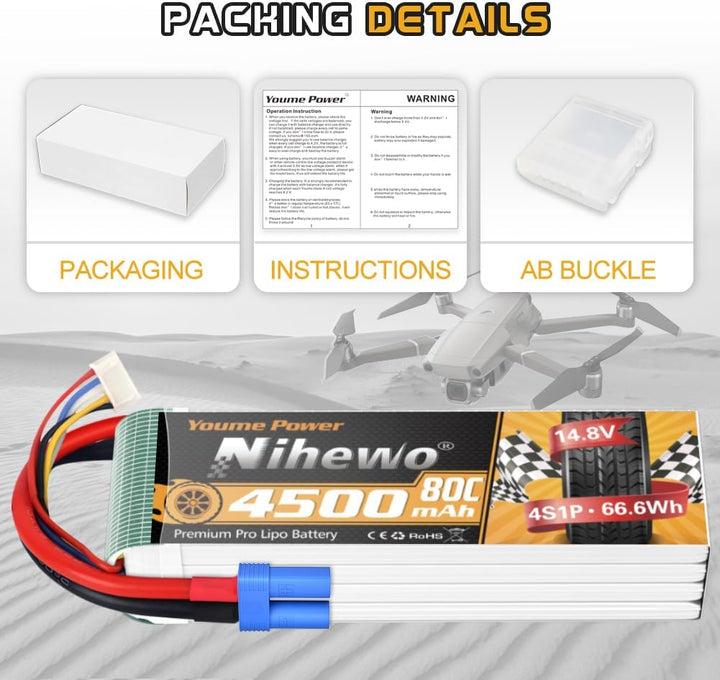 2Packs 4S Lipo Akku, Nihewo RC Akku 14.8V 4500mAh 80C mit EC5 Stecker Kompatibel mit 1/6 1/8 Masssta