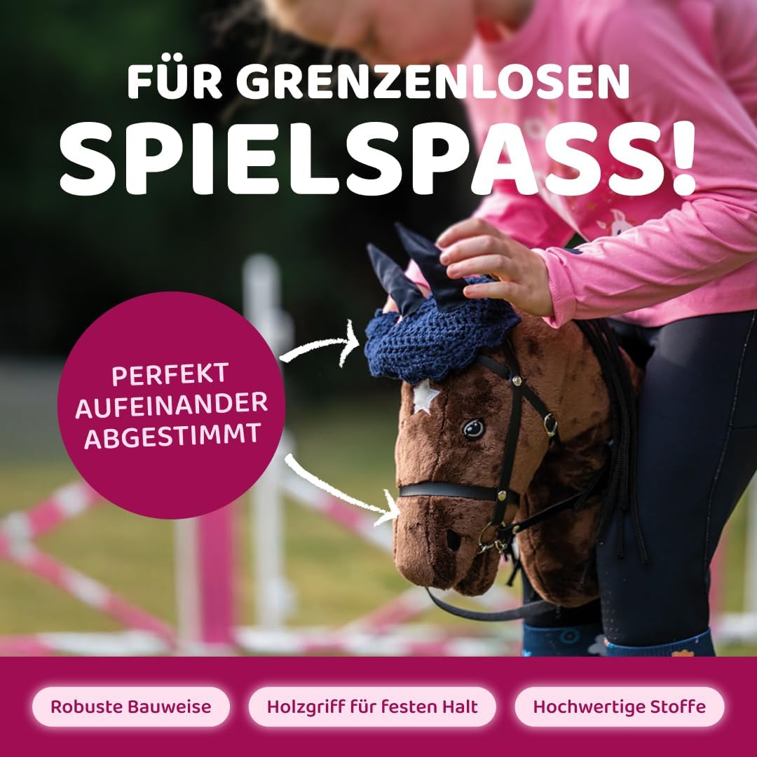 Hobby Horse Set Schwarz Weiss mit Blauer Decke und Blauer Fliegenhaube, Steckenpferd für Kinder, Sto