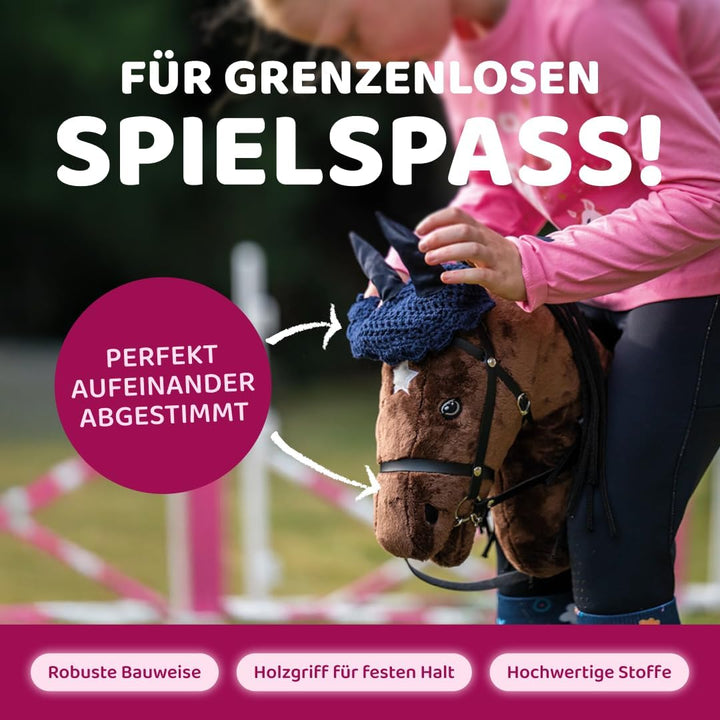 Hobby Horse Set Schwarz Weiss mit Blauer Decke und Blauer Fliegenhaube, Steckenpferd für Kinder, Sto