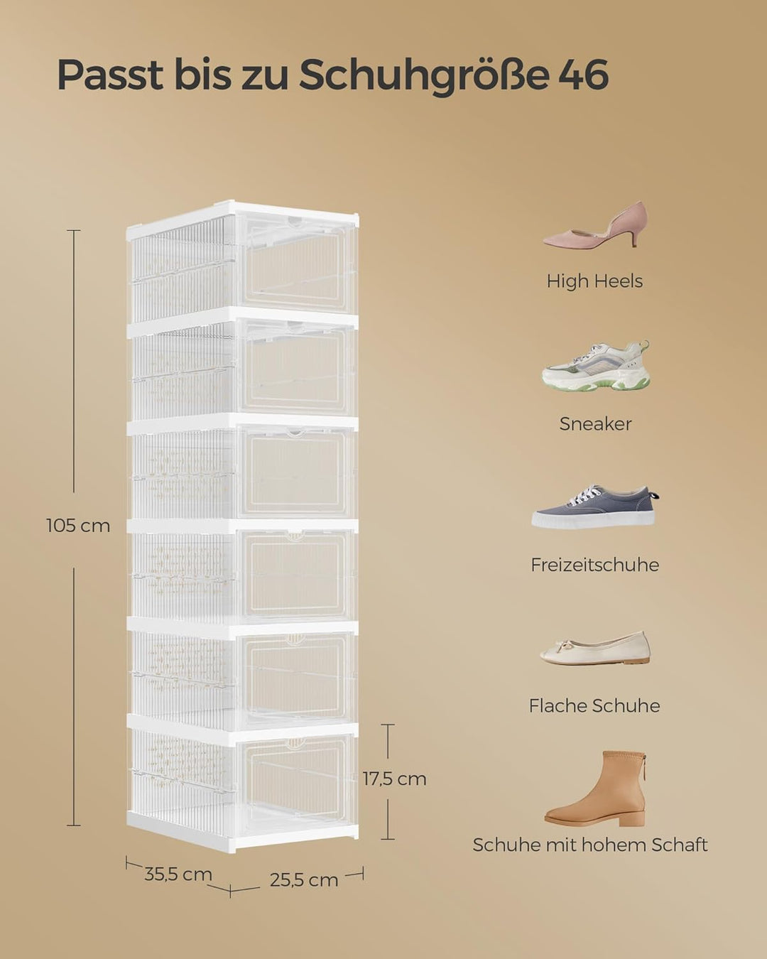 SONGMICS Schuhschrank, mit 6 Schuhboxen, integrierter Schuh-Organizer, faltbar, tragbar, für Schuhe