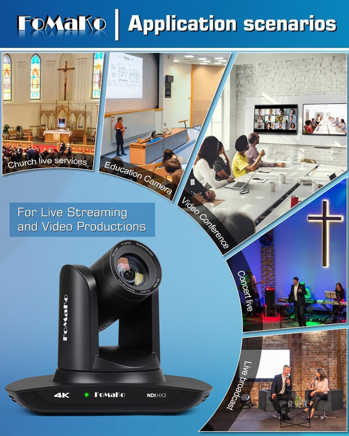 FoMaKo 4K 30x NDI PTZ Kamera, 30x Optischer Zoom, KI Auto-Tracking Gen 3, 3G-SDI HDMI LAN USB 3.0 PT