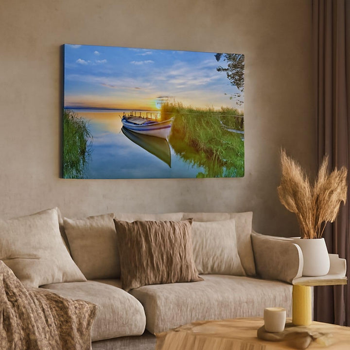 Bilder auf Leinwand 100x70cm Leinwandbild mit Rahmen See Boot Wasser Gross Wanddeko Bild Schlafzimme