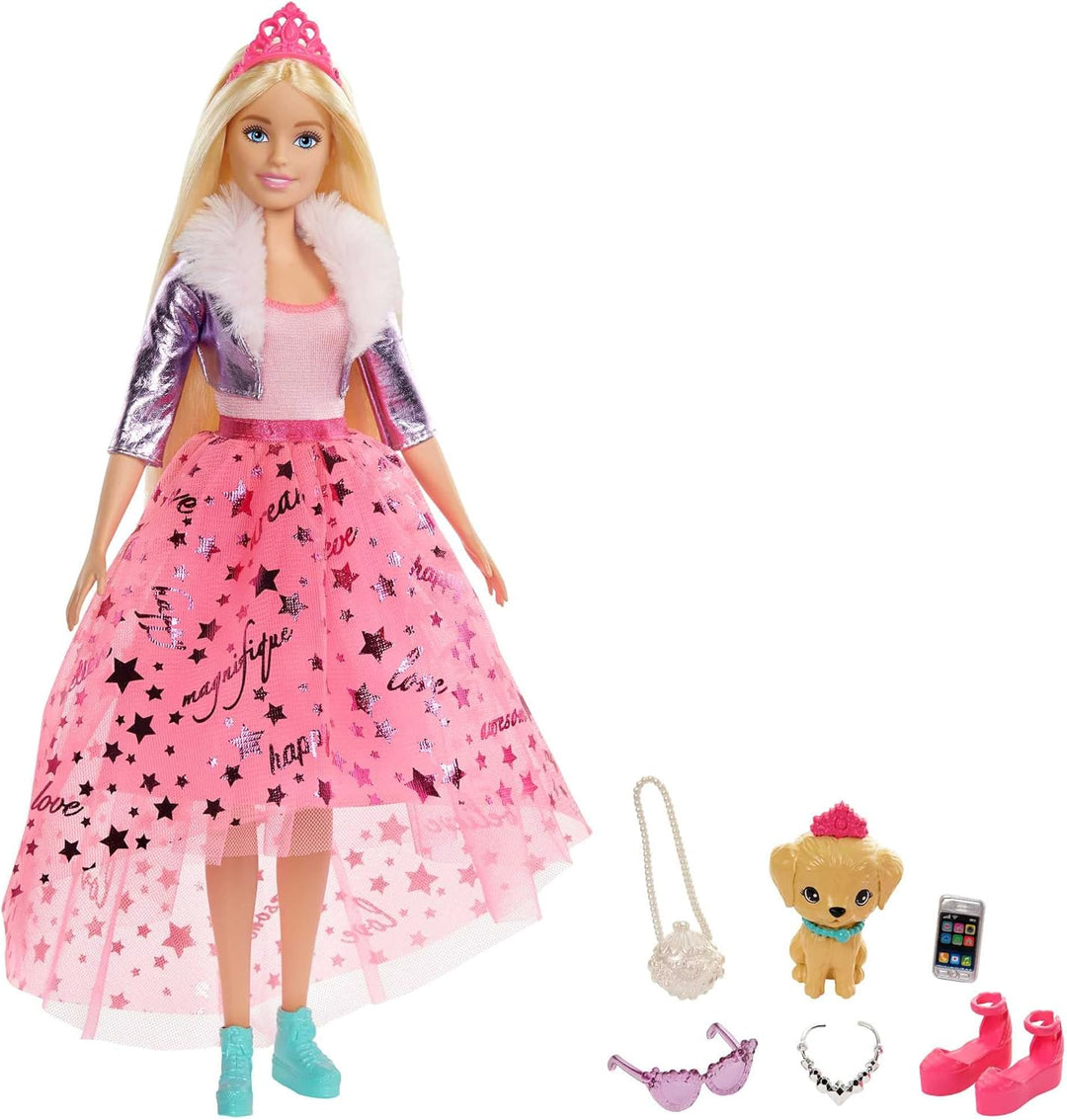 Barbie GML76 - Prinzessinnen-Abenteuer Puppe Mit Mode (ca. 30 cm), Blond, Puppe Mit Hündchen, 2 Paar
