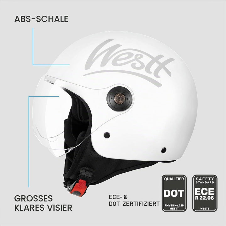 Westt Jethelm mit Visier ECE 22.06 – Leichter Motorradhelm für Damen und Herren – Roller Helm Mopedh
