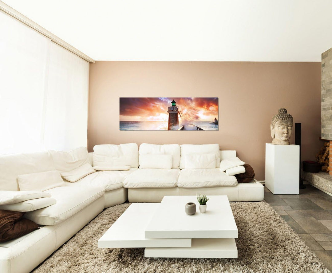 Paul Sinus Art Panoramabild auf Leinwand und Keilrahmen 150x50cm Meer Welle Leuchtturm Steg Wolkenhi