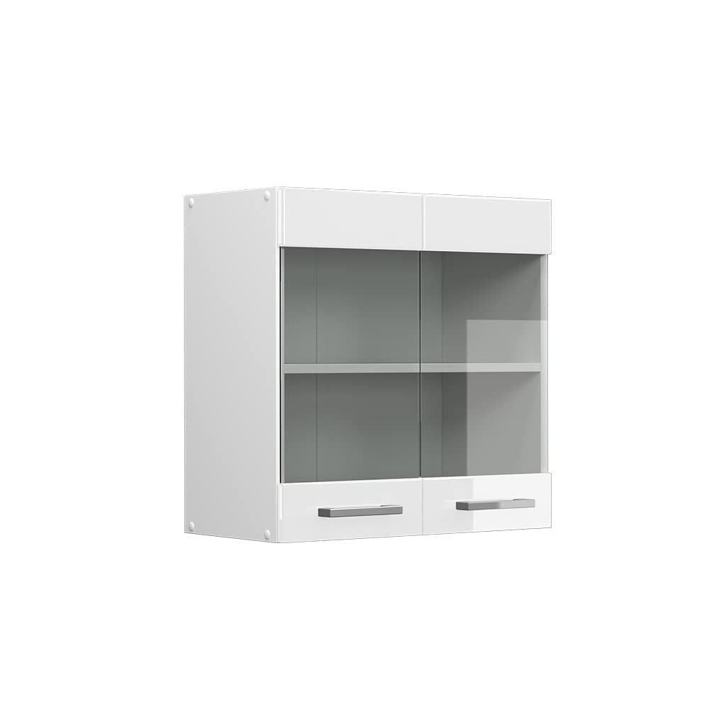 Vicco Küchenschrank Glas R-Line, Weiss Hochglanz/Weiss, 60 cm Weiss Hochglanz Hängeglasschrank 60cm,
