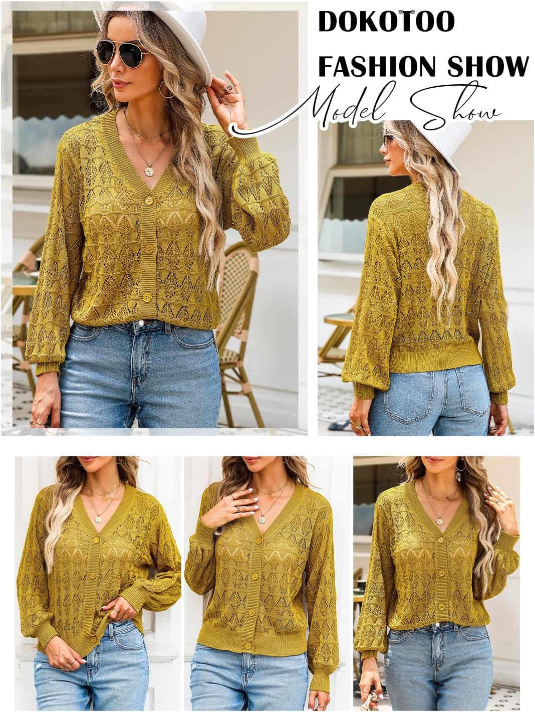 Dokotoo Damen Strickjacke V-Ausschnitt Kurzer Cardigan Elegant Langarm Leichter Strickpullover mit K