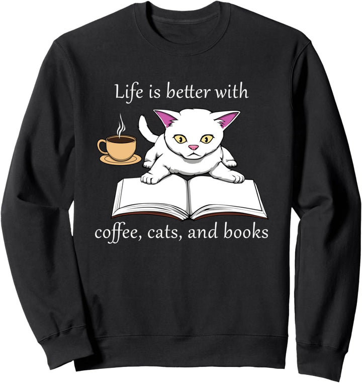 Niedliche Katze Buch Lesen Kaffee Sweatshirt