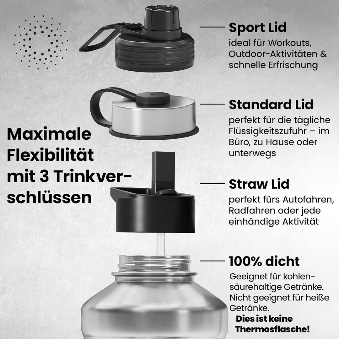 Trinkflasche Edelstahl ACTIVE FLASK + Strohhalm (3 Deckel) | Grosse 1,3 / 2,2 Liter Sportflasche BPA