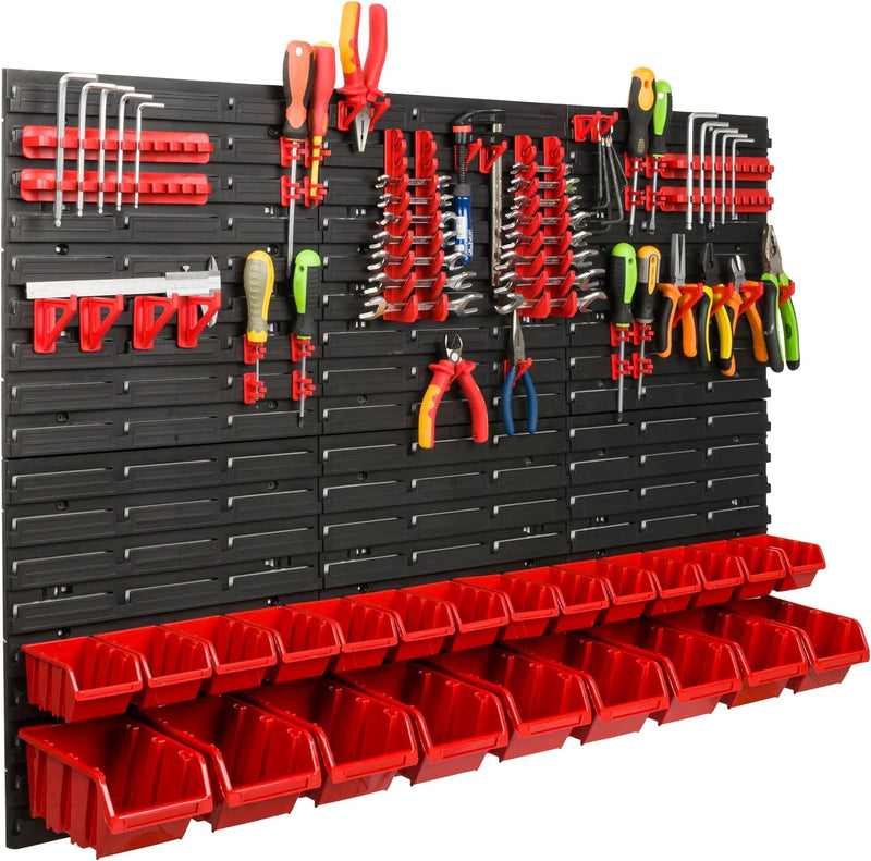 Lagersystem Werkstattregal | 117 x 78 cm | 23 stck. Box | Wandregal mit Werkzeughalterungen und Stap