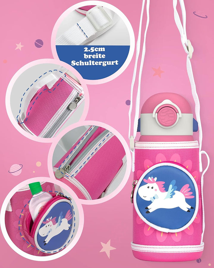 Fjbottle 600ml Trinkflasche Kinder Edelstahlflasche mit Strohhalm + 2 Deckeln, BPA-frei Auslaufsiche