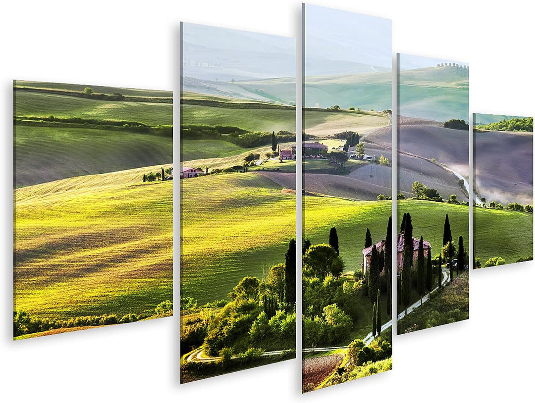 islandburner Bild auf Leinwand Toskana Landschaft Sonnenaufgang Bauernhaus Weinberg Bilder Wandbilde