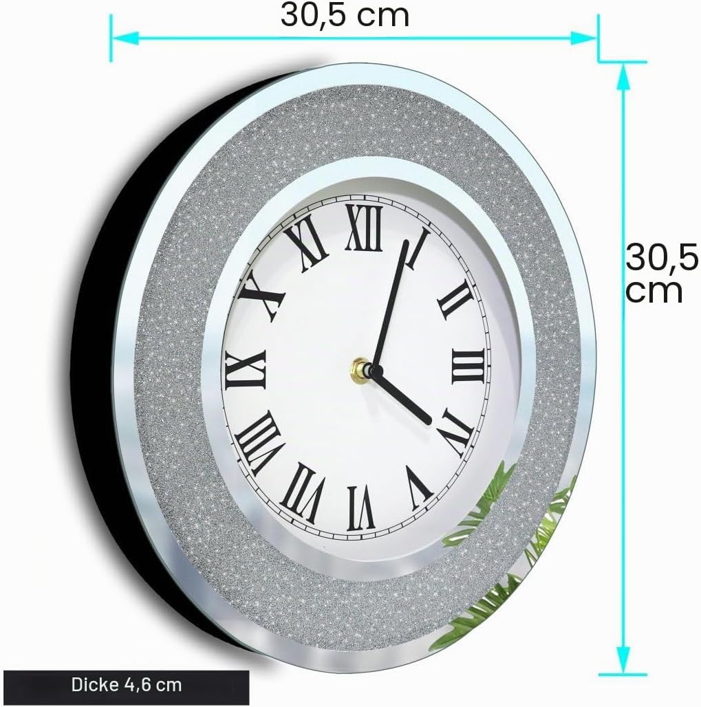 DMDFIRST Bling Silver Round Mirror Clock 12 inch Glam Sparkle Twinkle Shining Mirror Wall Clock for