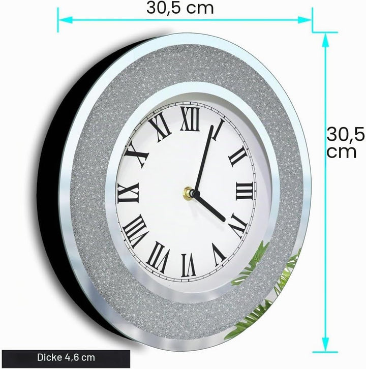 DMDFIRST Bling Silver Round Mirror Clock 12 inch Glam Sparkle Twinkle Shining Mirror Wall Clock for