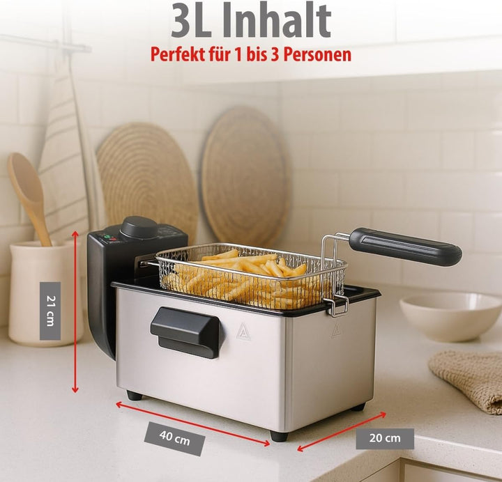 alpina Fritteuse - 3 Körbe - 5 Liter - 2000 Watt - Thermostat bis 190 °C - Anti-Heizung - Edelstahl