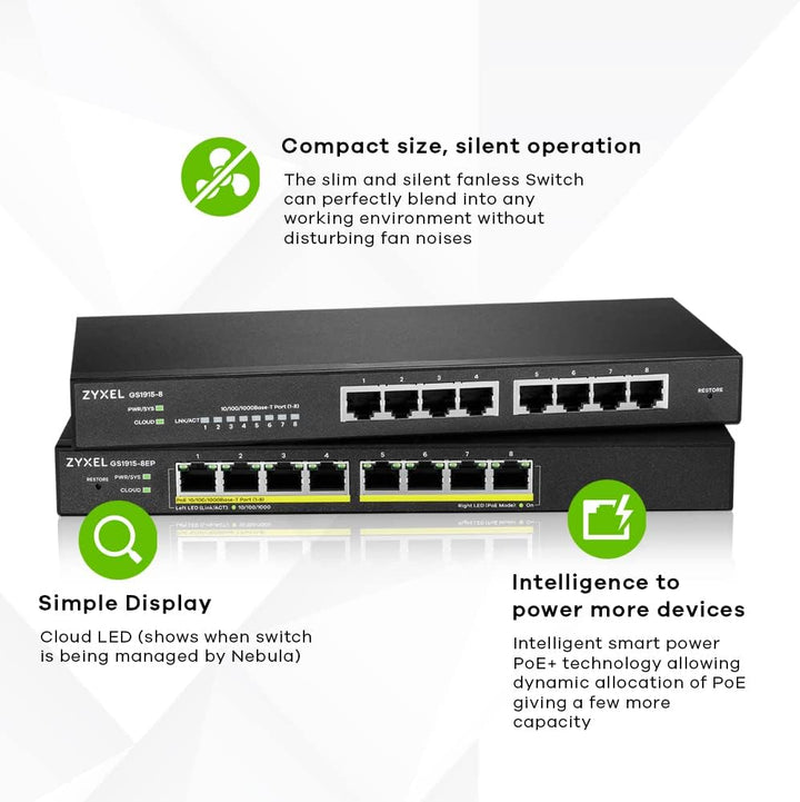 Zyxel GS1915-8, 8-Port GbE Smart hybrid Mode Switch, standalone or NebulaFlex Cloud, Desktop, fanles