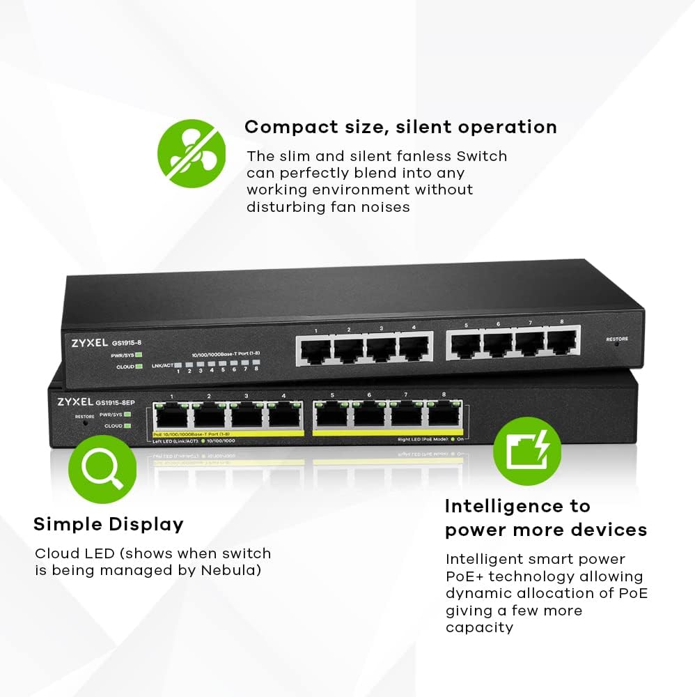Zyxel 8-Port GbE PoE Smart Hybrid Mode Switch | Standalone oder Nebula Cloud | 60 Watt 802.3at | Des