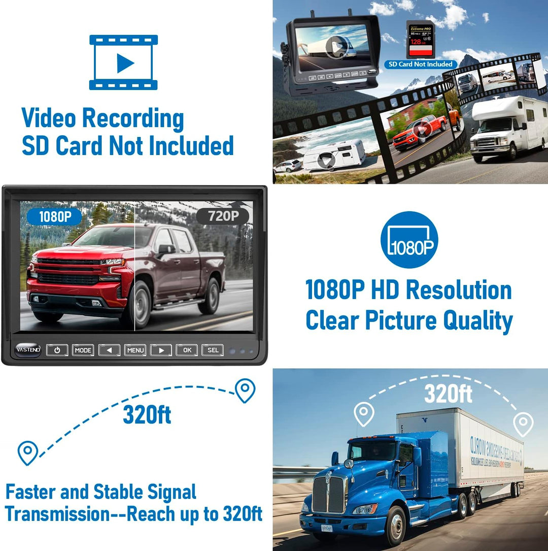 VASTEND V01 Kabellos Rückfahrkamera Set HD 1080P 7'' Monitor & IP69 wasserdichte Backup Kamera Stabi